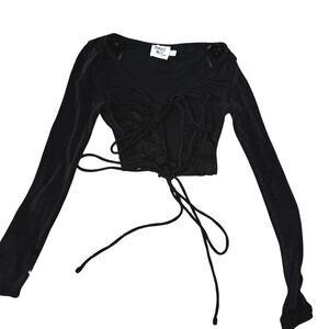 Princess Polly Black Ruched Tie Front Long Sleeve Crop Top Size 2